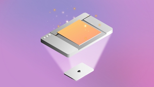 An isometric illustration showing a closed laptop with a diamond logo on the lid. Light is emanating out the top of the laptop, and floating above it is an illustrated Sketch window with sparkles around it and an orange polygon where the Canvas is.